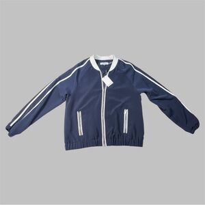 Calvin Klein Women's Twilight Blue and White Bomber Jacket Ribbed Collar